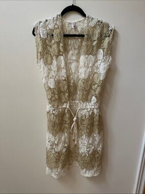 Swim cover up - Lacey Overlay Caftan in Beige and White